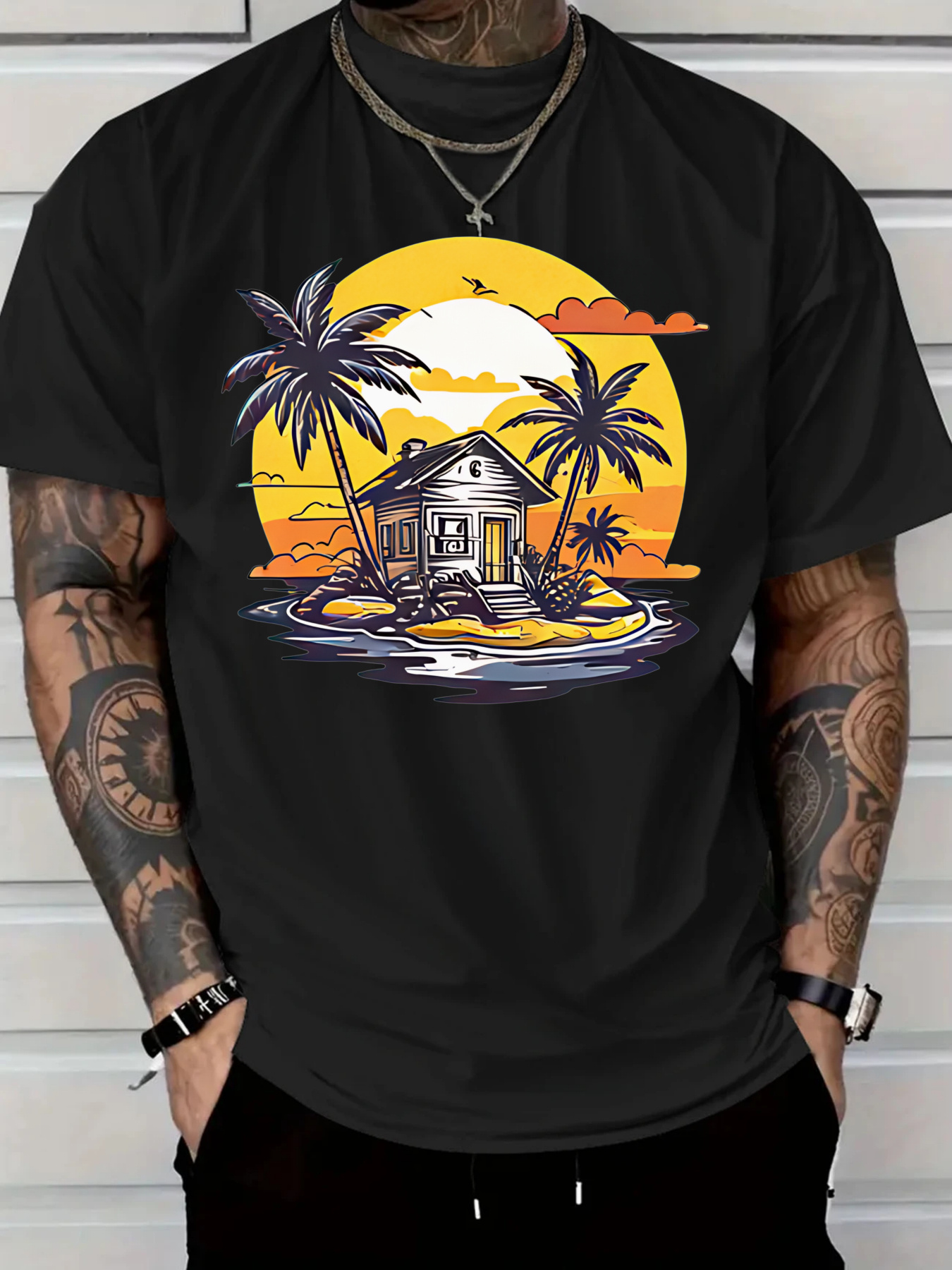 Linen Shirt Breathable - Men'S Cotton Casual T-Shirt Tropical Sunset