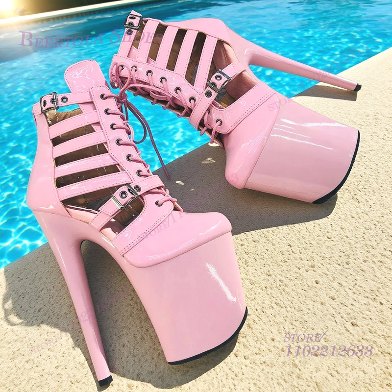 Casual Sandal Leather - Pink Patent Leather Striped Hollow Mesh