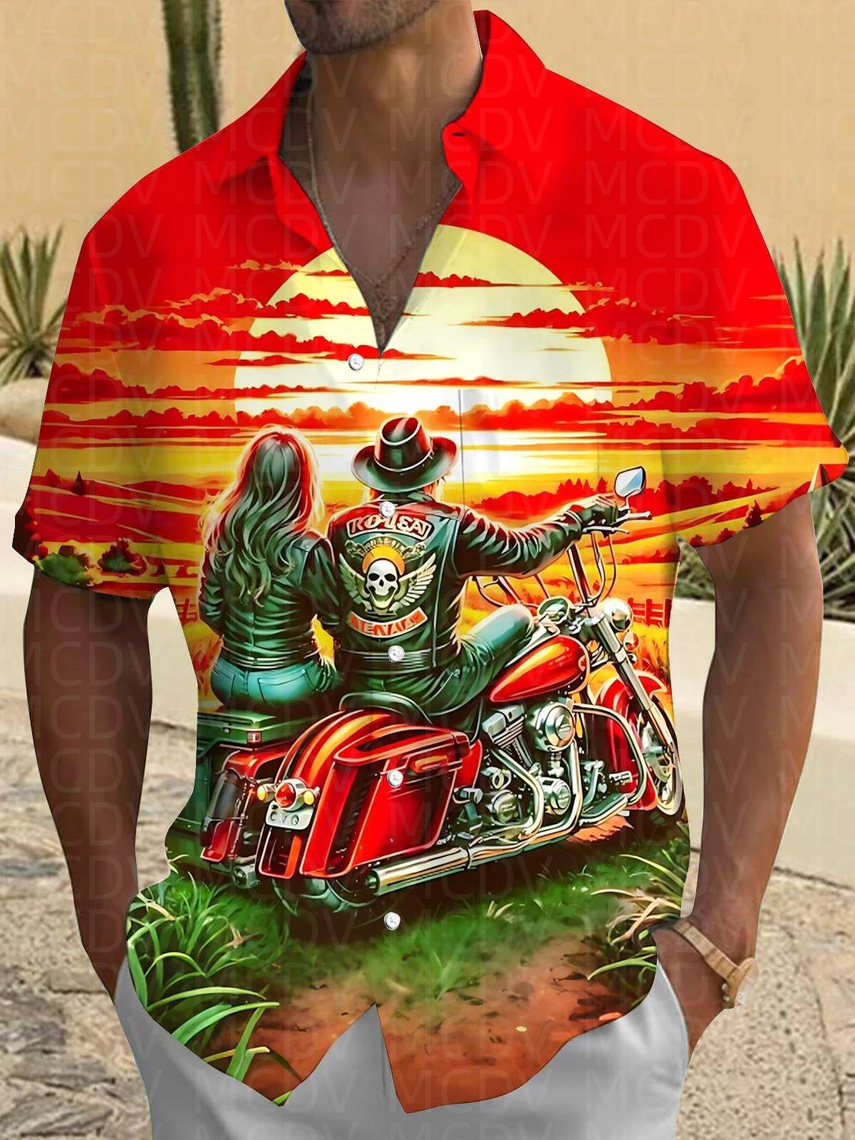 Shirt Camp Collar - Motorcycle Pattern Men's Hawaiian Shirt Stretch