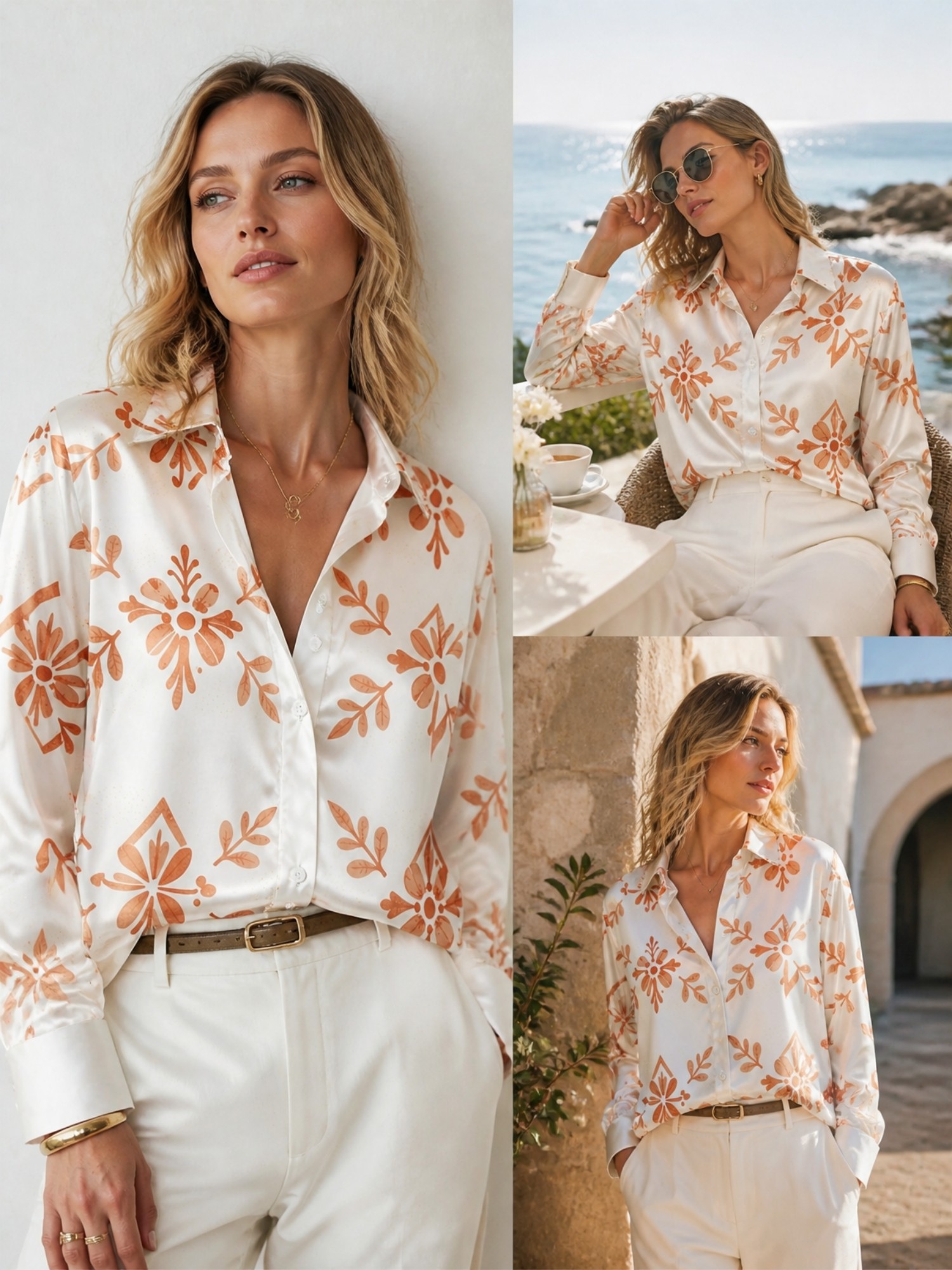 Cream Orange Floral Satin Blou - огляд і ціна Resort Shirt Floral