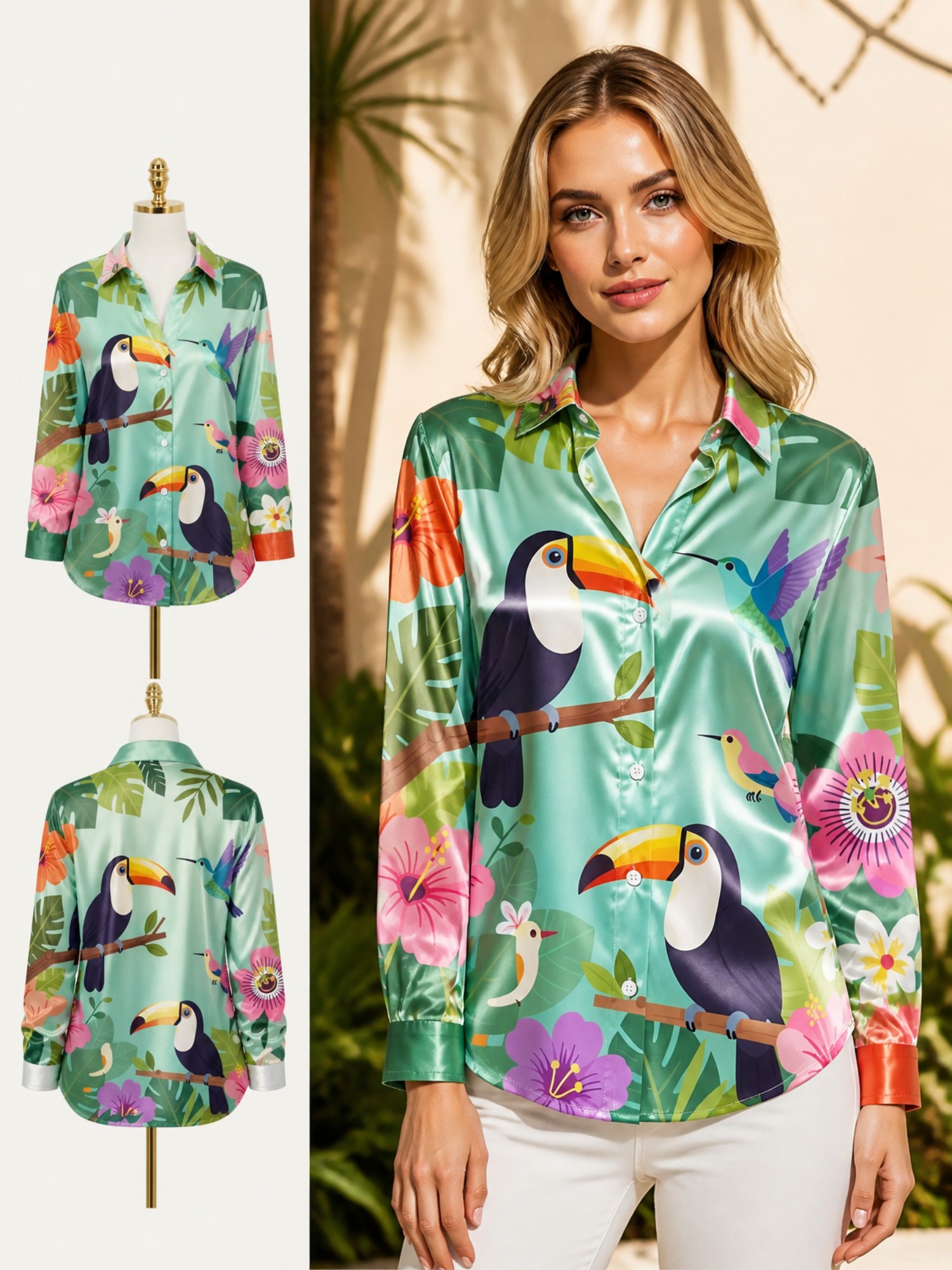 Mint Toucan Satin Button Shirt - огляд і ціна Resort Shirt Floral
