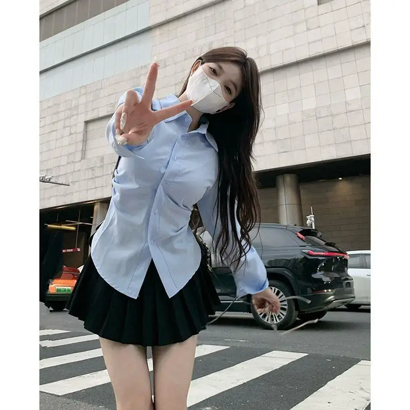 Women Blue Waist Fitted Shirt  - огляд і ціна Shirt Camp Collar
