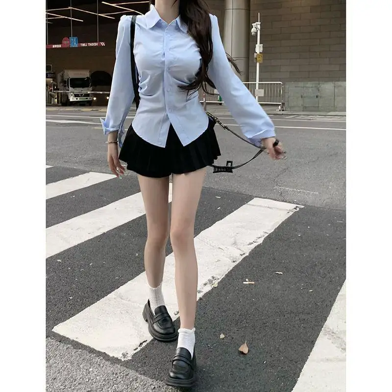 Women Blue Waist Fitted Shirt  - огляд і ціна Shirt Camp Collar